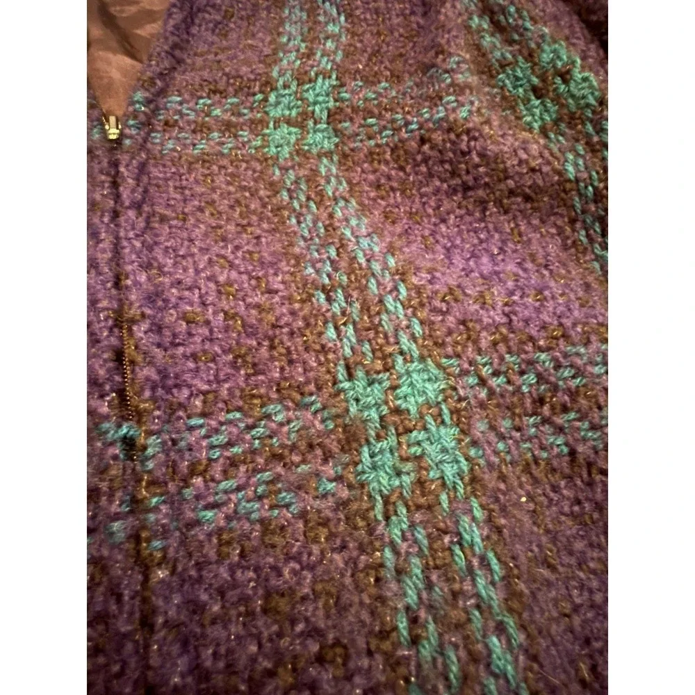 Branigan Weavers Wool Sweater M Green Blue Plaid Full Zip Ireland Vintage Knit
